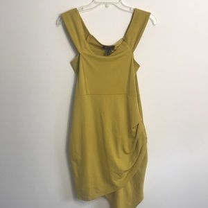 Asymmetrical cut stretchy yellow mustard dress